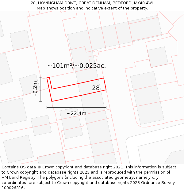 28, HOVINGHAM DRIVE, GREAT DENHAM, BEDFORD, MK40 4WL: Plot and title map