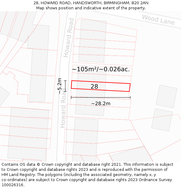 28, HOWARD ROAD, HANDSWORTH, BIRMINGHAM, B20 2AN: Plot and title map
