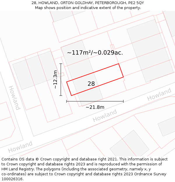 28, HOWLAND, ORTON GOLDHAY, PETERBOROUGH, PE2 5QY: Plot and title map