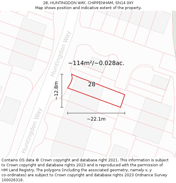 28, HUNTINGDON WAY, CHIPPENHAM, SN14 0XY: Plot and title map