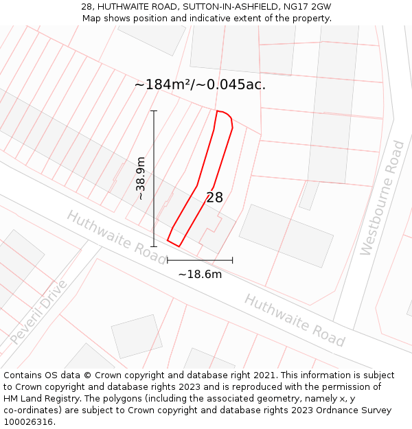 28, HUTHWAITE ROAD, SUTTON-IN-ASHFIELD, NG17 2GW: Plot and title map