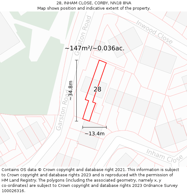 28, INHAM CLOSE, CORBY, NN18 8NA: Plot and title map