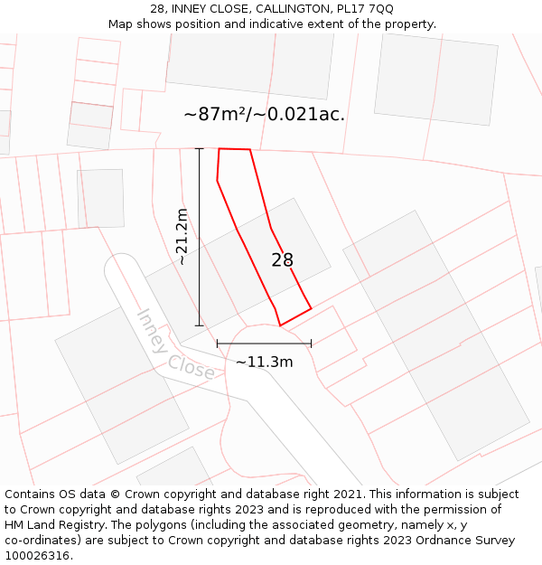 28, INNEY CLOSE, CALLINGTON, PL17 7QQ: Plot and title map