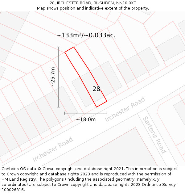 28, IRCHESTER ROAD, RUSHDEN, NN10 9XE: Plot and title map