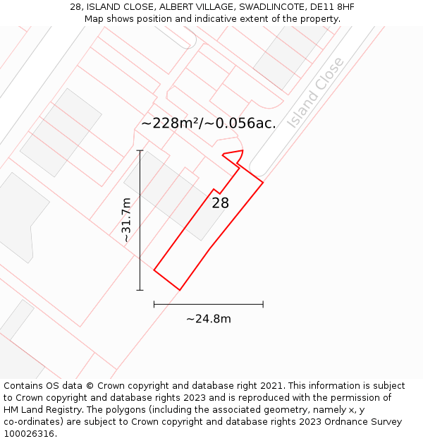 28, ISLAND CLOSE, ALBERT VILLAGE, SWADLINCOTE, DE11 8HF: Plot and title map