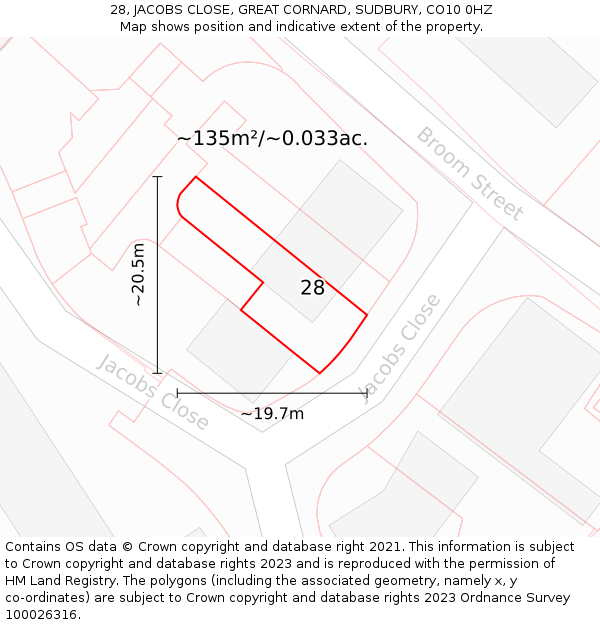 28, JACOBS CLOSE, GREAT CORNARD, SUDBURY, CO10 0HZ: Plot and title map
