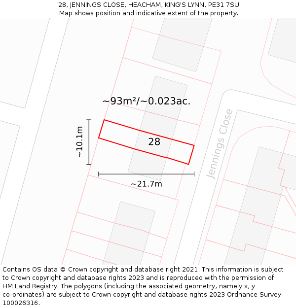 28, JENNINGS CLOSE, HEACHAM, KING'S LYNN, PE31 7SU: Plot and title map