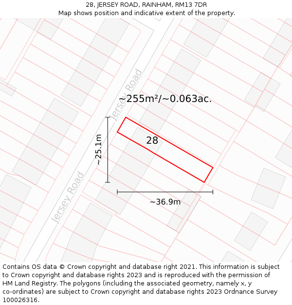 28, JERSEY ROAD, RAINHAM, RM13 7DR: Plot and title map