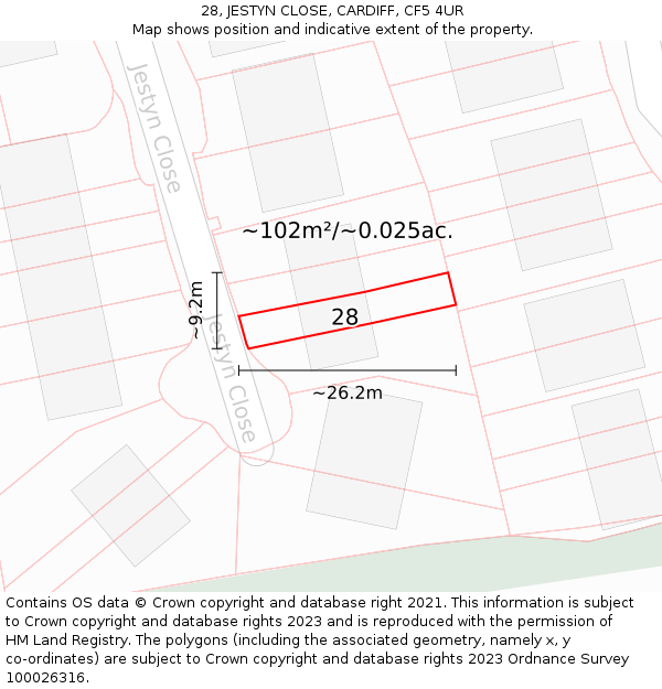 28, JESTYN CLOSE, CARDIFF, CF5 4UR: Plot and title map