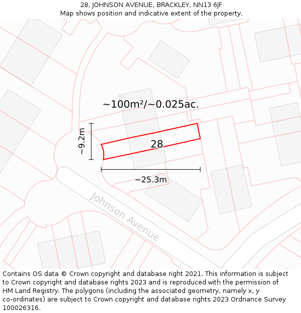 28, JOHNSON AVENUE, BRACKLEY, NN13 6JF: Plot and title map