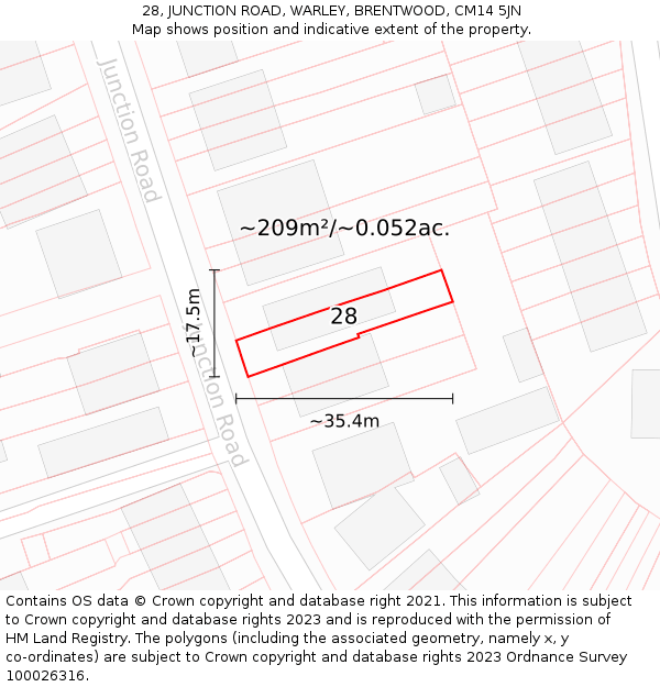 28, JUNCTION ROAD, WARLEY, BRENTWOOD, CM14 5JN: Plot and title map
