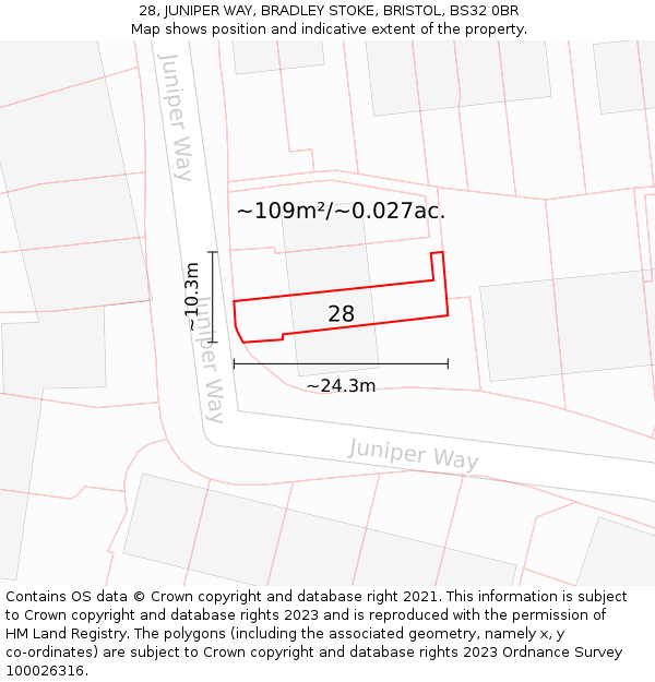 28, JUNIPER WAY, BRADLEY STOKE, BRISTOL, BS32 0BR: Plot and title map