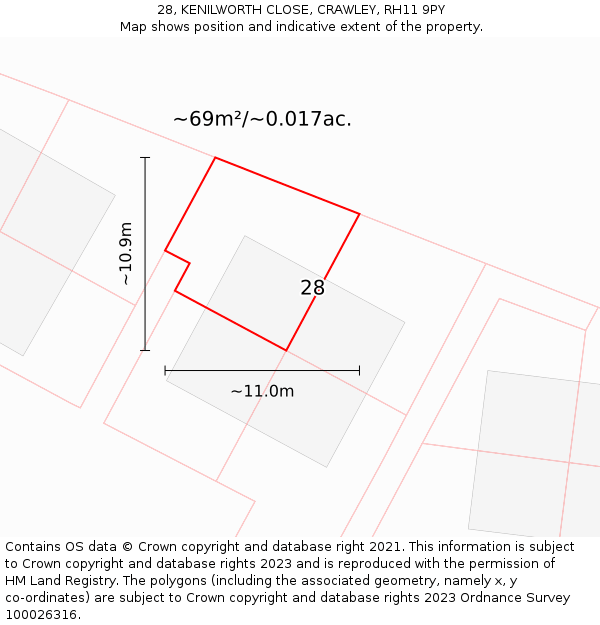 28, KENILWORTH CLOSE, CRAWLEY, RH11 9PY: Plot and title map
