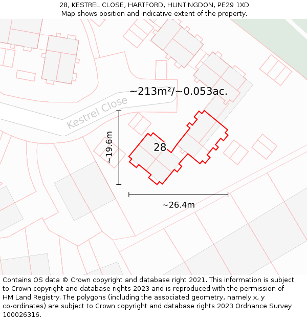 28, KESTREL CLOSE, HARTFORD, HUNTINGDON, PE29 1XD: Plot and title map