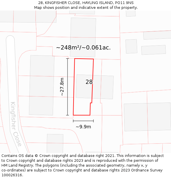 28, KINGFISHER CLOSE, HAYLING ISLAND, PO11 9NS: Plot and title map