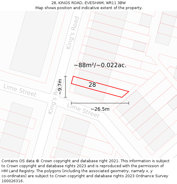 28, KINGS ROAD, EVESHAM, WR11 3BW: Plot and title map
