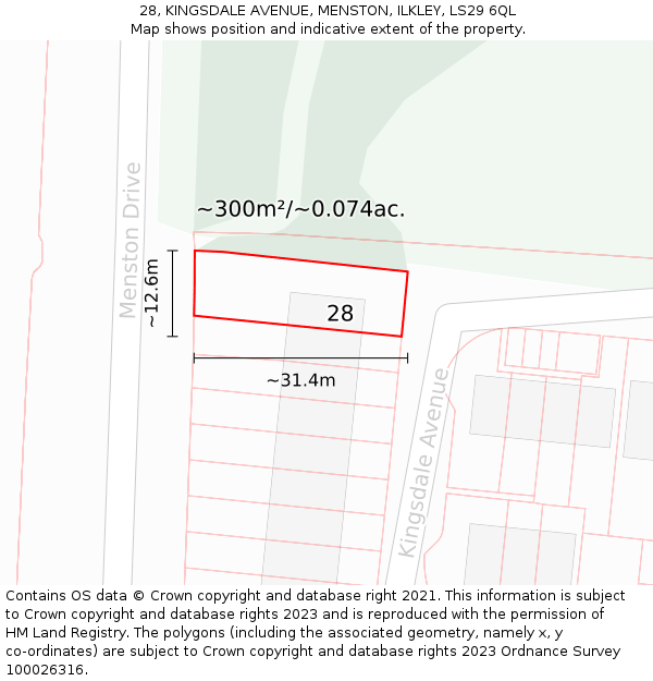 28, KINGSDALE AVENUE, MENSTON, ILKLEY, LS29 6QL: Plot and title map