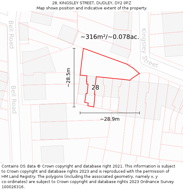 28, KINGSLEY STREET, DUDLEY, DY2 0PZ: Plot and title map