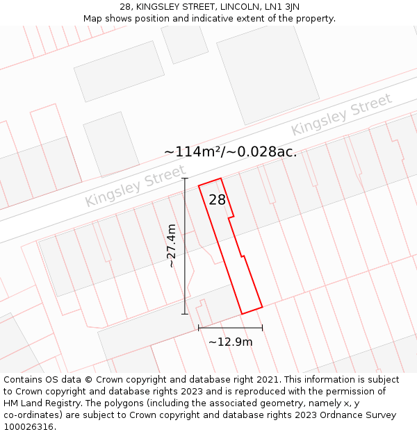 28, KINGSLEY STREET, LINCOLN, LN1 3JN: Plot and title map
