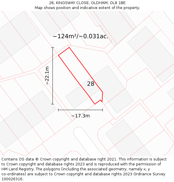 28, KINGSWAY CLOSE, OLDHAM, OL8 1BE: Plot and title map