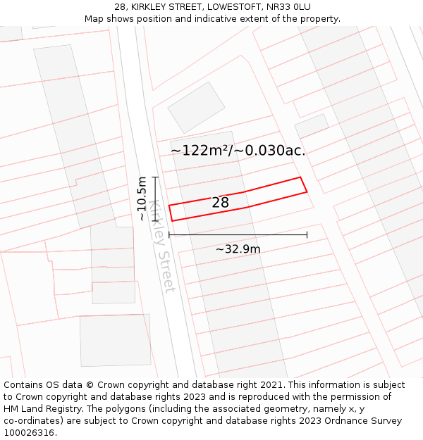 28, KIRKLEY STREET, LOWESTOFT, NR33 0LU: Plot and title map