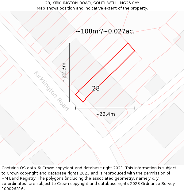28, KIRKLINGTON ROAD, SOUTHWELL, NG25 0AY: Plot and title map