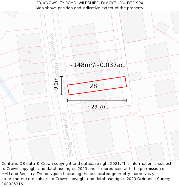 28, KNOWSLEY ROAD, WILPSHIRE, BLACKBURN, BB1 9PX: Plot and title map