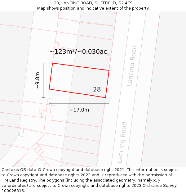 28, LANCING ROAD, SHEFFIELD, S2 4ES: Plot and title map
