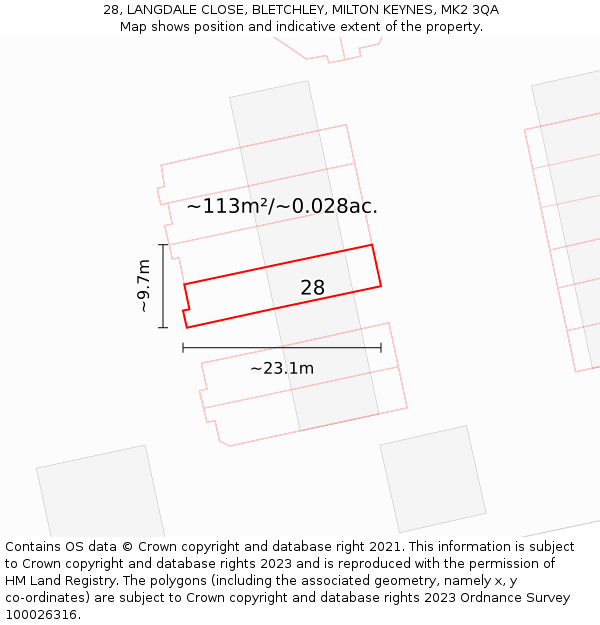 28, LANGDALE CLOSE, BLETCHLEY, MILTON KEYNES, MK2 3QA: Plot and title map