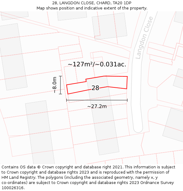 28, LANGDON CLOSE, CHARD, TA20 1DP: Plot and title map