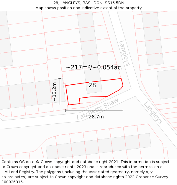 28, LANGLEYS, BASILDON, SS16 5DN: Plot and title map
