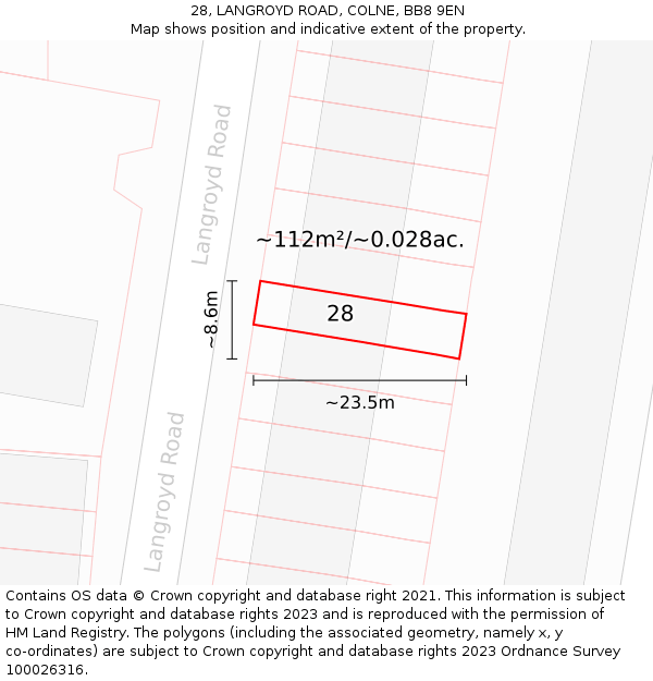 28, LANGROYD ROAD, COLNE, BB8 9EN: Plot and title map