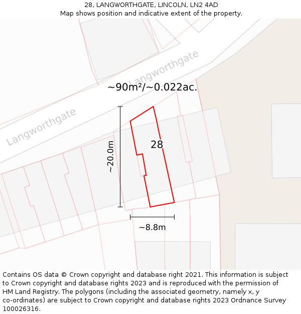 28, LANGWORTHGATE, LINCOLN, LN2 4AD: Plot and title map