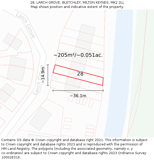 28, LARCH GROVE, BLETCHLEY, MILTON KEYNES, MK2 2LL: Plot and title map