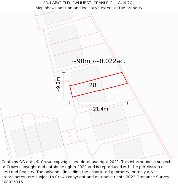 28, LARKFIELD, EWHURST, CRANLEIGH, GU6 7QU: Plot and title map