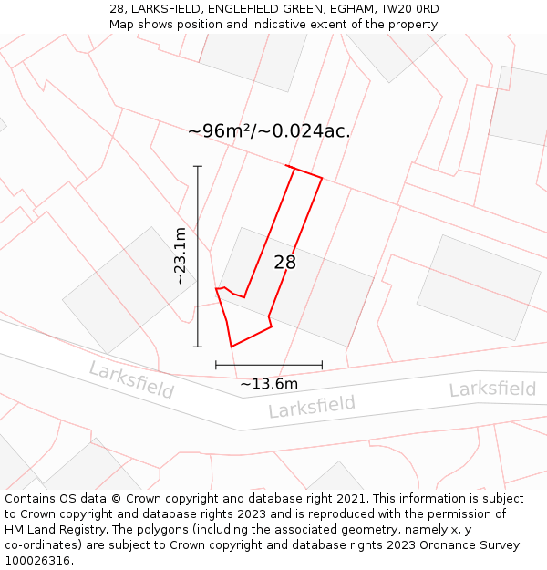 28, LARKSFIELD, ENGLEFIELD GREEN, EGHAM, TW20 0RD: Plot and title map
