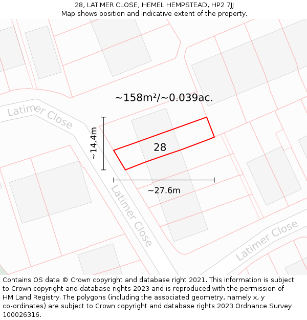 28, LATIMER CLOSE, HEMEL HEMPSTEAD, HP2 7JJ: Plot and title map