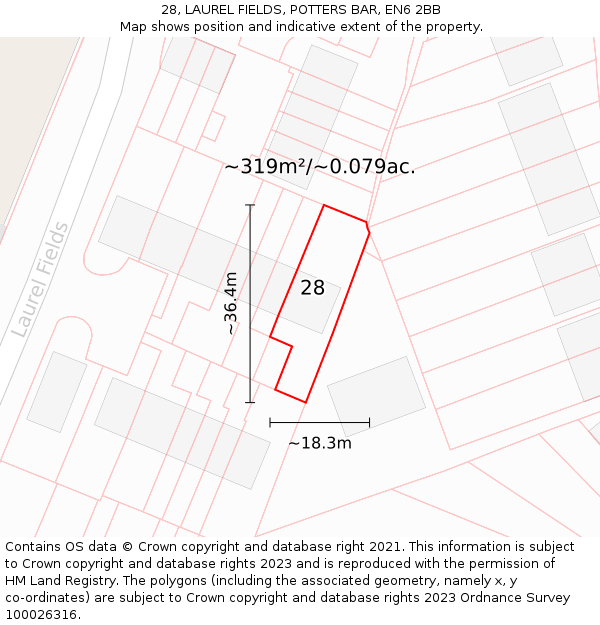 28, LAUREL FIELDS, POTTERS BAR, EN6 2BB: Plot and title map