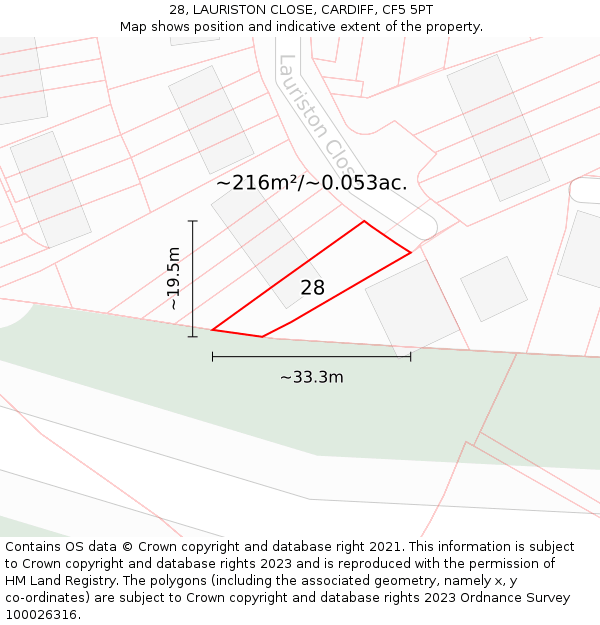 28, LAURISTON CLOSE, CARDIFF, CF5 5PT: Plot and title map
