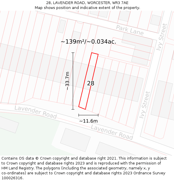 28, LAVENDER ROAD, WORCESTER, WR3 7AE: Plot and title map