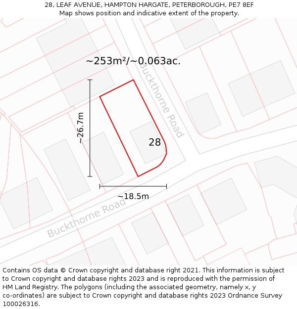 28, LEAF AVENUE, HAMPTON HARGATE, PETERBOROUGH, PE7 8EF: Plot and title map