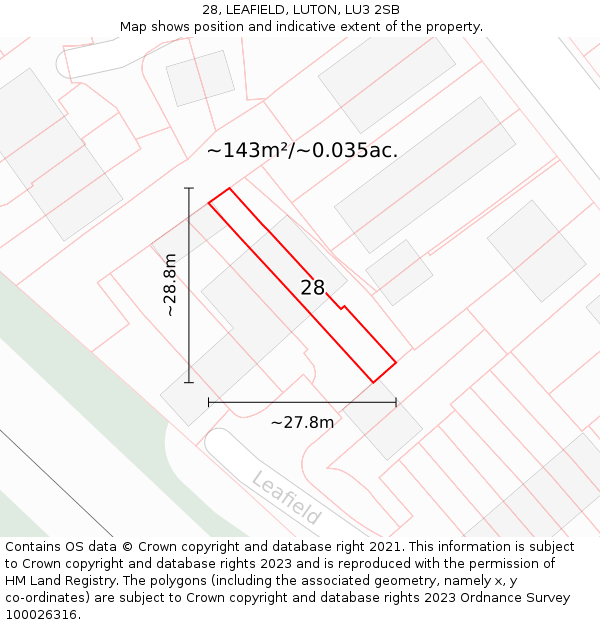 28, LEAFIELD, LUTON, LU3 2SB: Plot and title map