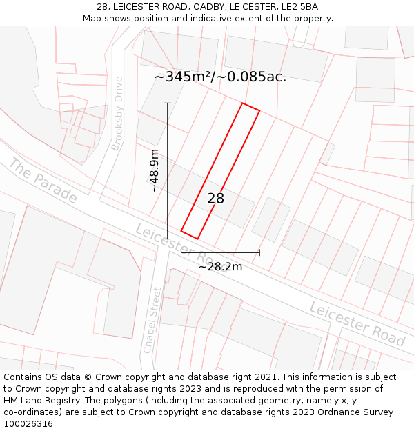 28, LEICESTER ROAD, OADBY, LEICESTER, LE2 5BA: Plot and title map