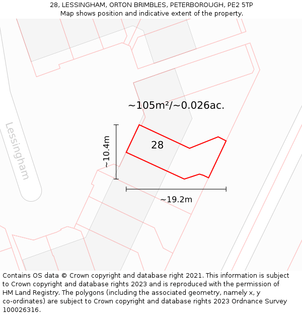 28, LESSINGHAM, ORTON BRIMBLES, PETERBOROUGH, PE2 5TP: Plot and title map