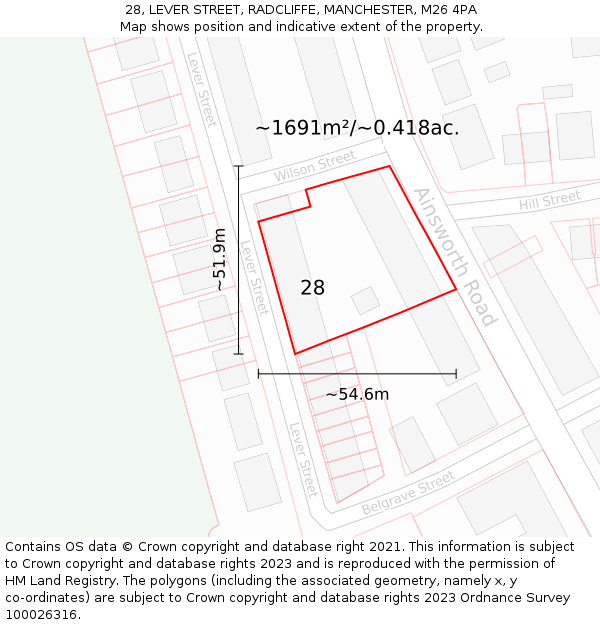 28, LEVER STREET, RADCLIFFE, MANCHESTER, M26 4PA: Plot and title map
