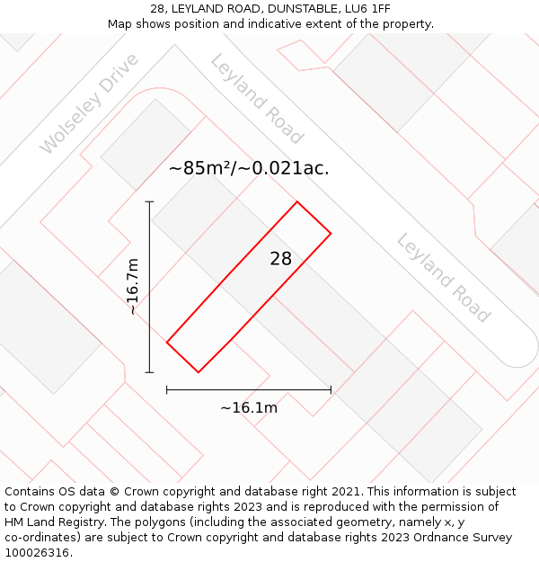 28, LEYLAND ROAD, DUNSTABLE, LU6 1FF: Plot and title map