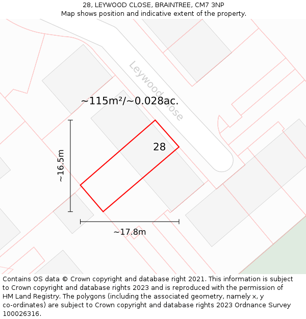 28, LEYWOOD CLOSE, BRAINTREE, CM7 3NP: Plot and title map