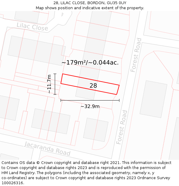 28, LILAC CLOSE, BORDON, GU35 0UY: Plot and title map