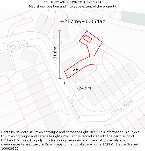 28, LILLEY WALK, HONITON, EX14 2EA: Plot and title map