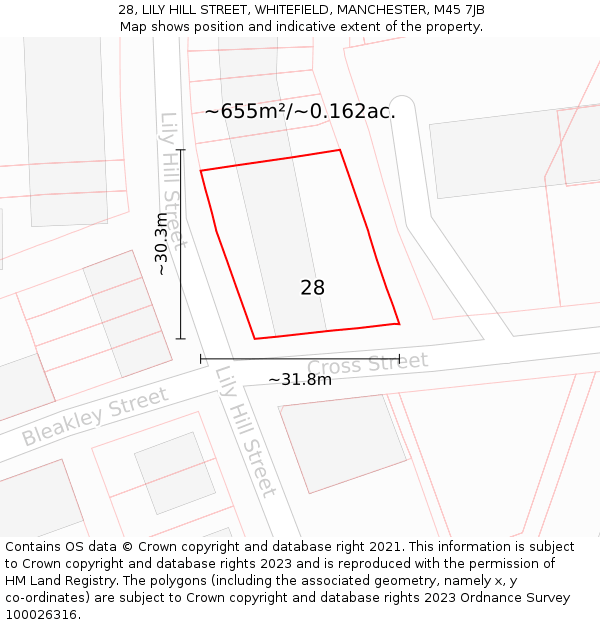 28, LILY HILL STREET, WHITEFIELD, MANCHESTER, M45 7JB: Plot and title map